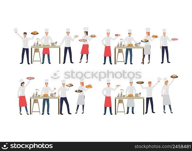 Set of chefs with various dishes. Flat cartoon characters of cooks creating new recipes. Can be used for commercial, restaurant, leaflet