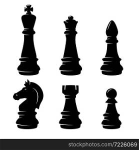 Set of chess figures in engraving style. Design element for logo, label, sign, poster, t shirt. Vector illustration