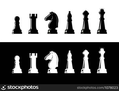 Set of chess pieces in white and black, flat design.
