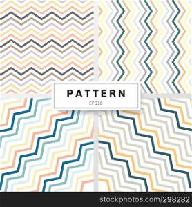 Set of chevron patterns pastels color on white background. Yellow, Orange, Deep blue, Brown, Green, Gray. Perfect for wallpapers and pattern fills zig zag. Vector illustration