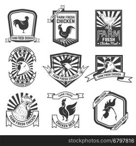 Set of Chicken meat labels. Farm fresh poultry meat. Design elements for logo, label, emblem, sign, brand mark. Vector illustration.