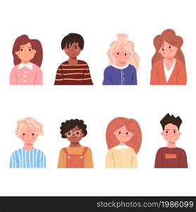 Set of children avatars. Smiling kids faces boy and girl. Avatar child bundle with different skin cartoon head portrait. School character icon. Flat vector illustration isolated on white