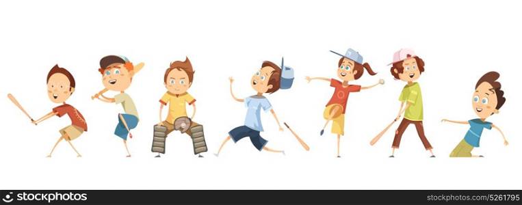 Set Of Children Characters Playing Baseball. Set of funny cartoon children characters in different poses playing baseball flat isolated vector illustration