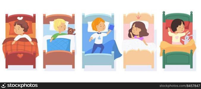 Set of children sleeping in beds. Cartoon vector illustration. Little boys and girls falling asleep, getting rest under blankets during bedtime at night. Nursery, kindergarten, childhood concept