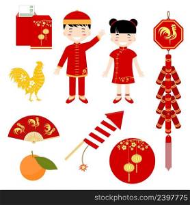 Set of Chinese flat icons. Set include girl, boy, lantern, rooster and other elements. Vector illustration.. Set of Chinese flat icons.