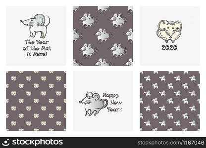 Set of Chinese New Year patterns and greeting cards with text. Inscriptions - The Year of the Rat is Here. Happy New Year. 2020. Set of Chinese New Year patterns and greeting cards