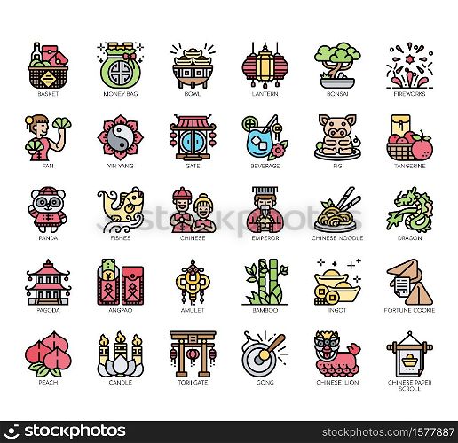 Set of chinese new year thin line and pixel perfect icons for any web and app project.