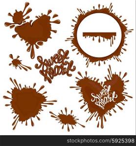 Set of Chocolate splashes, hearts, circle, drops, handwritten words Sweet Heart, isolated on white, abstract background.