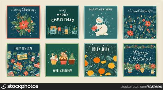 Set of Christmas and Happy New Year cards. Cute bright illustrations witn New Year symbols.. Vector design templates.. Set of Christmas and Happy New Year cards. Cute bright illustrations witn New Year symbols.. Vector design.