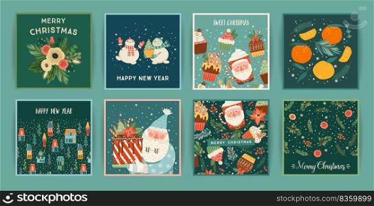 Set of Christmas and Happy New Year cards. Cute bright illustrations witn New Year symbols.. Vector design templates.. Set of Christmas and Happy New Year cards. Cute bright illustrations witn New Year symbols.. Vector design