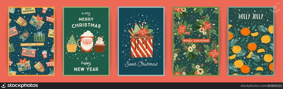 Set of Christmas and Happy New Year cards. Cute bright illustrations witn New Year symbols.. Vector design templates.. Set of Christmas and Happy New Year cards. Cute bright illustrations witn New Year symbols.. Vector design.