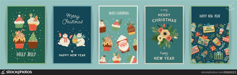 Set of Christmas and Happy New Year cards. Cute bright illustrations witn New Year symbols.. Vector design templates.. Set of Christmas and Happy New Year cards. Cute bright illustrations witn New Year symbols.. Vector design.