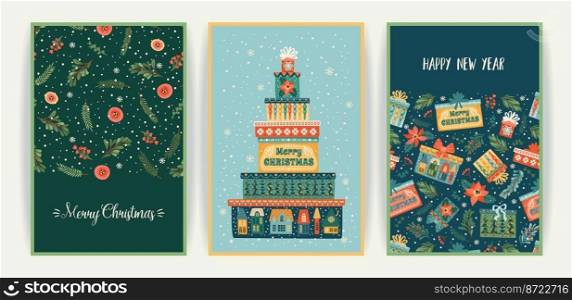 Set of Christmas and Happy New Year cards. Cute bright illustrations witn New Year symbols.. Vector design templates.. Set of Christmas and Happy New Year cards. Cute bright illustrations witn New Year symbols.. Vector designs.