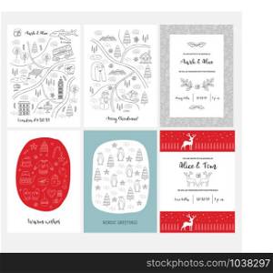 Set of Christmas and Happy New Year greeting cards with hand drawn decorative elements. Trendy scandinavian style. Vector illustration. Set of Christmas and Happy New Year greeting cards