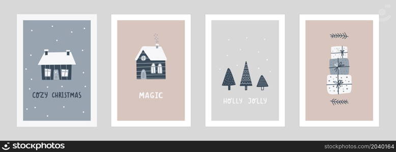 Set of Christmas and Happy New Year illustrations. Trendy hand drawn vector illustration for posters and greeting card. Vector design templates.. Set of Christmas and Happy New Year illustrations. Trendy hand drawn vector illustration for posters and greeting card. Vector design templates