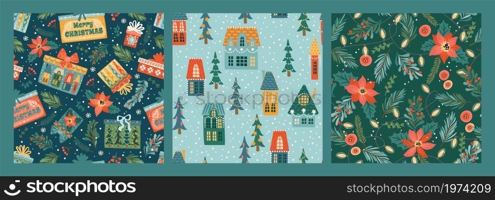 Set of Christmas and Happy New Year seamless patterns with christmas houses, gift boxes, spruce twigs, flowers. Vector design template.. Set of Christmas and Happy New Year seamless patterns with christmas houses, gift boxes, spruce twigs, flowers.