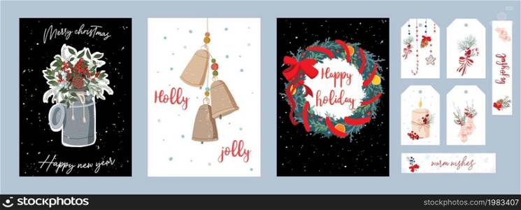 Set of Christmas and New Year cards or invitations. A set of stickers and tags for gifts. Christmas bouquets and compositions. Festive mood