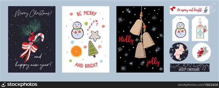 Set of Christmas and New Year cards or invitations. A set of stickers and tags for gifts. Christmas bouquets and compositions. Festive mood
