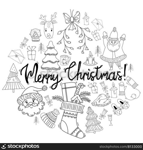 set of Christmas and New Year design elements in doodle style. Vector illustration. Isolated drawings. For design and decor postcards Merry Christmas