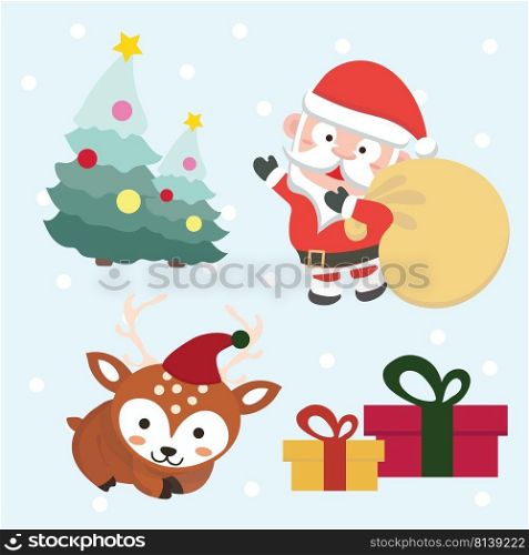 Set of Christmas and New Year elements with animals and Santa. Vector illustration. 