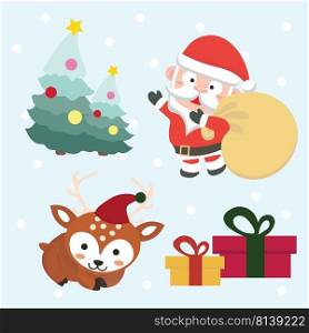 Set of Christmas and New Year elements with animals and Santa. Vector illustration. 