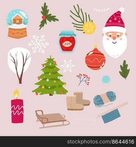 Set of Christmas and New Year elements with animals and Santa. Vector illustration. santa claus, christmas balls, deer, bow, calendar, cream cup, sock,. Set of Christmas and New Year elements with animals and Santa. Vector illustration. Christmas tree, sledge, jam, boots tree, knitting, glass ball, candle, Santa Claus