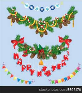 Set of Christmas and New Year garlands with horse toy, bell, bows, ribbons, sweets, candies.