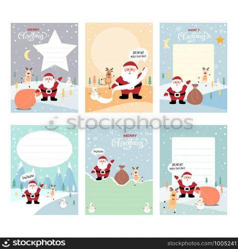 Set of Christmas and New Year greeting cards or invitation for children. Cute cartoon Santa Claus and friends, Vector illustration