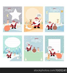 Set of Christmas and New Year greeting cards or invitation for children. Cute cartoon Santa Claus and friends, Vector illustration