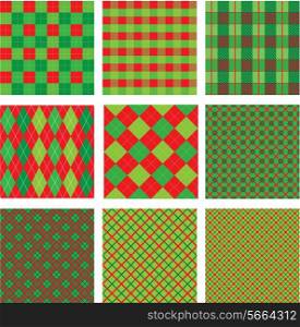 Set of Christmas and New Year plaid seamless patterns in red and green colors