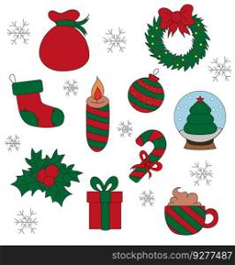 Set of christmas attributes icons and stickers Vector Image