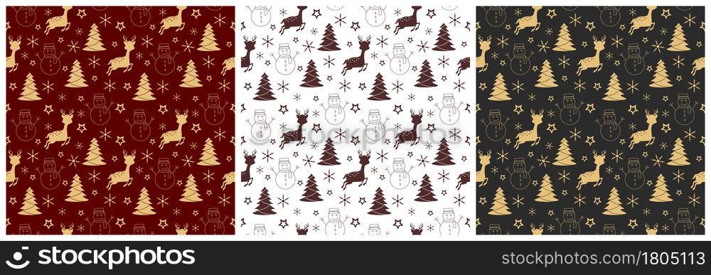 Set of Christmas Background Seamless Pattern With Santa Claus, Tree, Socks, Snowman And Gifts For Landing Page, Wallpaper Or Decoration