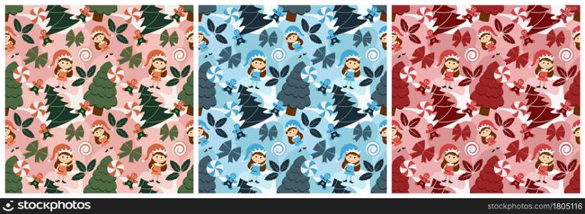 Set of Christmas Background Seamless Pattern With Santa Claus, Tree, Socks, Snowman And Gifts For Landing Page, Wallpaper Or Decoration