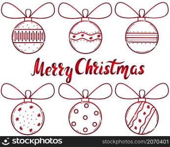 Set of Christmas balls isolated vketorny illustration. Collection of beautiful red shining trinkets and hand lettering inscription merry christmas. Set of Christmas balls isolated vketorny illustration