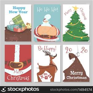 Set of Christmas Banners, Flyers or Greeting Cards with Festive Elements and Typography for Print. Sack with Gifts, Santa Claus, Fir Tree, Reindeer, 2020 New Year Cartoon Flat Vector Illustration. Set of Christmas Banners, Flyers or Greeting Cards
