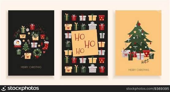 Set of Christmas cards on a dark background. New Year postcards in trendy flat style. Christmas tree, gift boxes, holiday elements. Greeting flyer template.