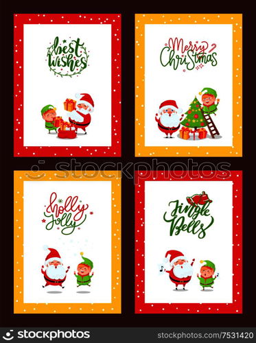 Set of Christmas cards with cartoon characters. Vector Santa Claus and Elf giving presents in boxes, decorating tree, jumping and singing carols Jingle Bells. Christmas Set of Cards with Cartoon Characters