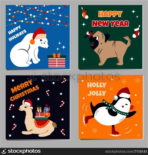 Set of Christmas cards with funny animals.. Set of Christmas cards with funny animals