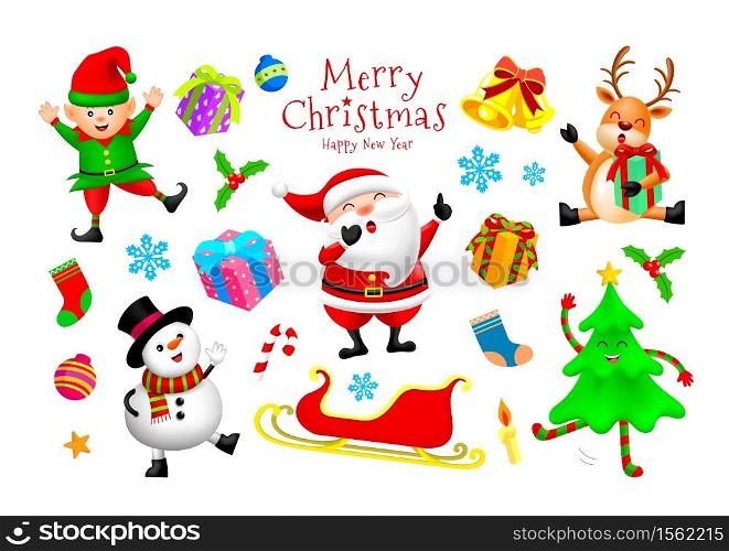 Set of Christmas Characters design, Santa Claus, Snowman, Reindeer, Elf and Christmas tree. Merry Christmas and Happy new year concept. Illustration isolated on white background.