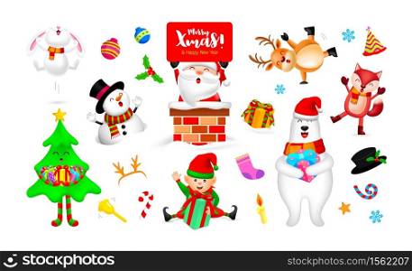 Set of Christmas Characters design, Santa Claus, Snowman, Reindeer, Elf, Christmas tree, white bear, fox and rabbit. Merry Christmas and Happy new year concept. Vector Illustration.