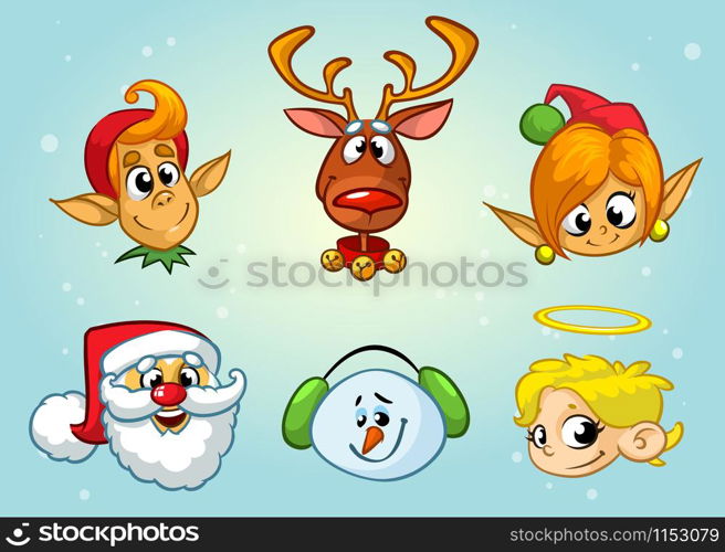 Set of Christmas characters. Vector cartoon head icons of Santa Claus, reindeer, elf, snowman, angel