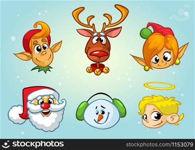 Set of Christmas characters. Vector cartoon head icons of Santa Claus, reindeer, elf, snowman, angel
