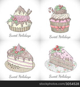 Set of Christmas cupcakes and pies in sketch style. Vector illustration. Set of Christmas cupcakes and pies in sketch style.