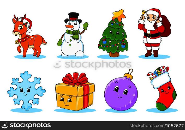 Set of christmas cute cartoon characters. Deer, snowman, tree, santa claus, snowflake, gift, bauble, sock. Happy New Year. Winter stickers. Color vector illustration isolated on white background.