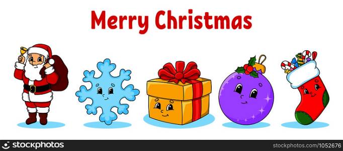 Set of christmas cute cartoon characters. Santa Claus, snowflake, gift, bauble, sock. Happy New Year. Hand drawn elements. Winter stickers. Color vector illustration isolated on white background.