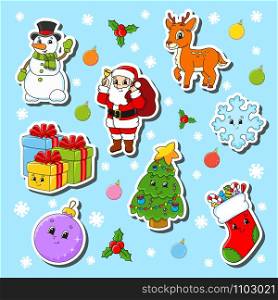 Set of christmas cute cartoon characters. Snowman, deer, Santa Claus, snowflake, gifts, Christmas tree, sock, Christmas ball. Happy New Year. Color vector illustration isolated on blue background.