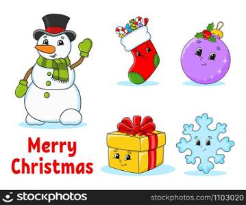 Set of christmas cute cartoon characters. Snowman, sock, bauble, gift, snowflake. Happy New Year. Hand drawn elements. Winter stickers. Color vector illustration isolated on white background.