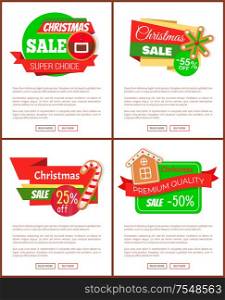 Set of Christmas discount web icons. Sale from 25 to 55 percents and super choice. Price tags with cookies of house and candy, snowflake and belt vector. Set of Christmas Discount Bright Web Pages Vector