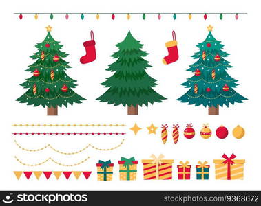 Set of Christmas elements for festive design. Christmas trees,  gift boxes, balls, sock, garlands, isolated on white background.  Vector Illustration. Set of Christmas elements for festive design. Christmas trees,  gift boxes, balls, sock, garlands, isolated on white background.  Vector