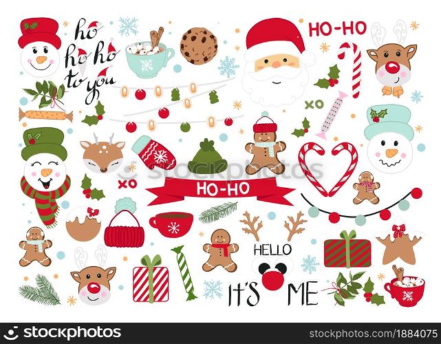 Set of Christmas elements. Snowflakes, Santa Claus, deer, gifts, calligraphy, lettering, animals, cocoa and other elements. Vector illustration. Suitable for postcards, backgrounds, wrapping paper stickers and more. Set of Christmas elements. Snowflakes, Santa Claus, deer, gifts, calligraphy, lettering, animals, cocoa and other elements. Suitable for postcards, backgrounds, wrapping paper, stickers and more